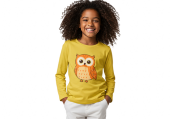 Smiling girl with curly hair wearing owl shirt isolated on transparent background