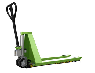 Industrial Green Hand Pallet Truck Cut Out: Essential Warehouse Equipment for Heavy-Duty Material Transport and Distribution. Isolated Studio Shot, HD Transparent PNG for Efficient Business Logistics.