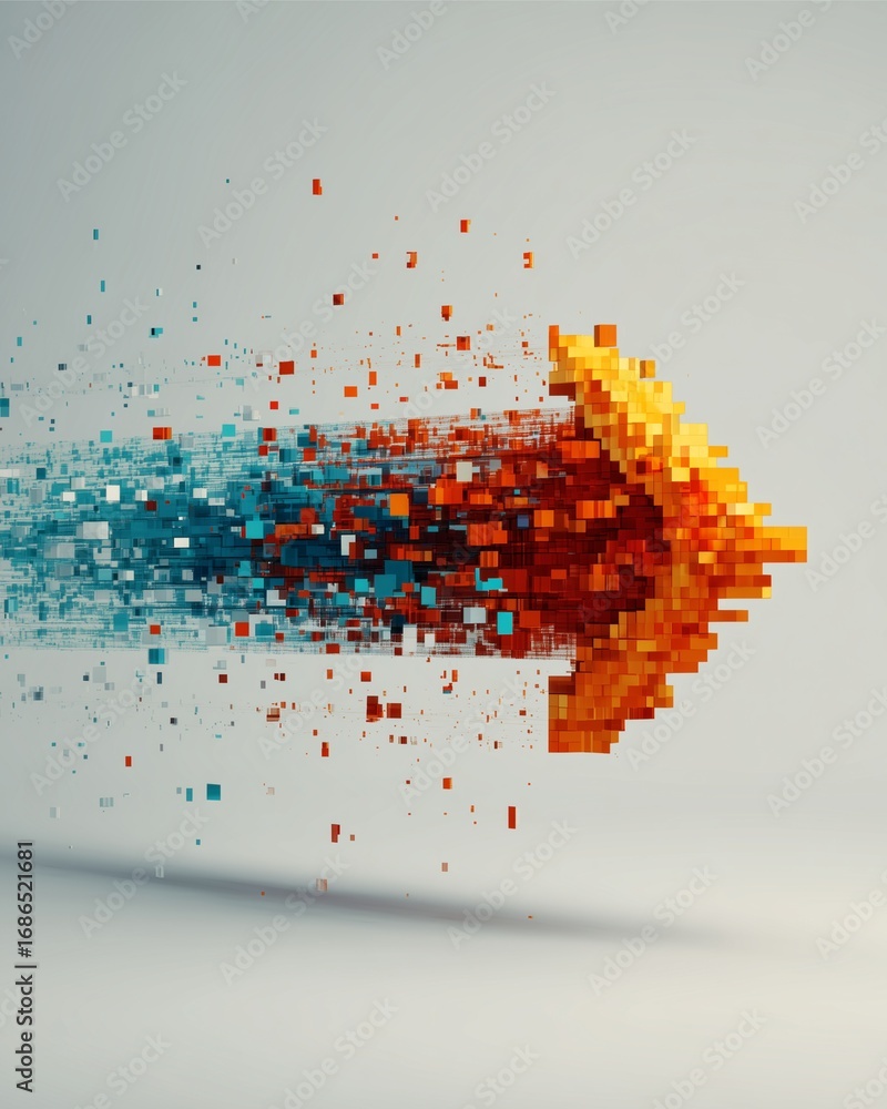 Poster digital progression arrow: a dynamic digital arrow of colorful pixels, a visual symphony of forward 
