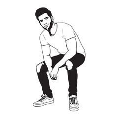 Handsome Man Black and White Illustration Vector Image Male Portrait Fashion Sketch Line Art Design