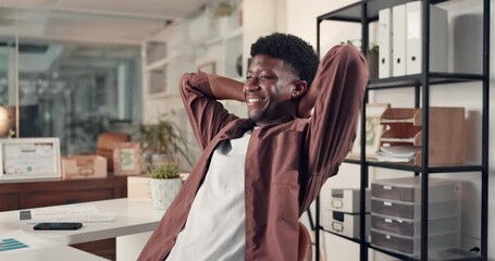Happy, black man and relax with computer for break, finished tasks or deadline completion in office. Male person, administrator and stretching with smile or rest for done project or productivity