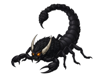 A menacing, dark scorpion creature with glowing orange eyes and sharp claws, set against a stark black background, evokes a sense of danger and power.