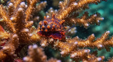 Vibrant Sea Snail on Fire Coral in the Ocean: A Tropical Underwater Paradise Exploration Captured Up Close