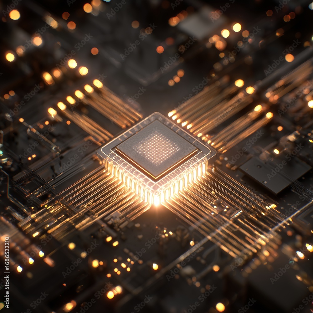Aufkleber digital citadel: a close-up view of a cutting-edge cpu, showcasing its intricate architecture and gl