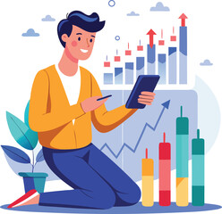 Vector of Investor Using Smartphone to Track Stocks