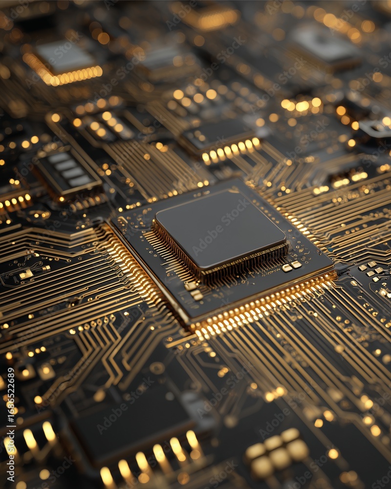 Poster circuit board close-up: a highly detailed, close-up shot of a sophisticated circuit board, with intr