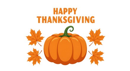 Festive Orange Pumpkin with Autumn Leaves and Text on White Background