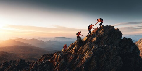 The adventurous climbers scaling a rugged mountain at sunset for a thrilling experience.