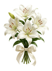 Fototapeta premium Bouquet of white lilies with a satin ribbon