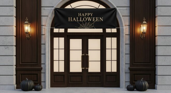 Elegant Halloween welcome banner on a classic door with pumpkins and warm inviting lights for spooky season