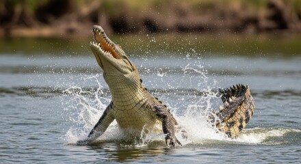 Dramatic Crocodile Leap: Splashing Water, Open Jaws, Wildlife Action Shot.