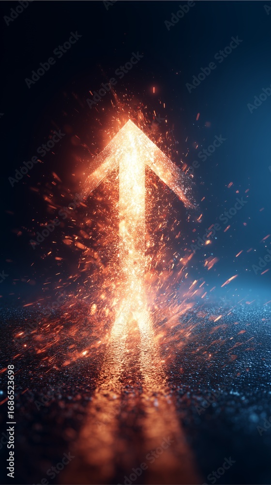 Poster arrow of progress: a glowing arrow pointing upwards against a dark and textured backdrop, signifying