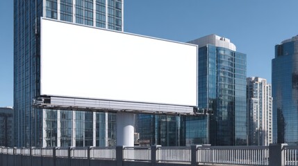 The blank billboard standing against modern skyscrapers in an urban setting.