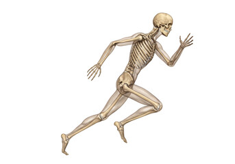 Anatomical illustration of a human skeleton running isolated on transparent background