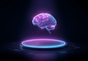 Glowing neon brain hologram on a futuristic platform