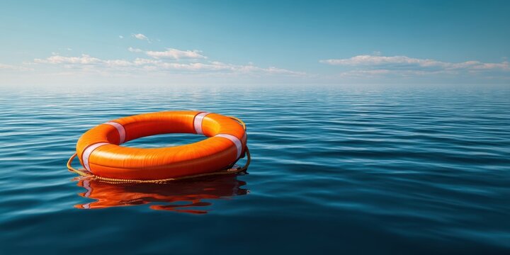 The vibrant lifebuoy floating peacefully in the calm ocean waters. - Powered by Adobe