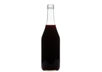 Dark red liquid in a clear glass bottle isolated on transparent background