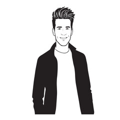 Handsome Man Black and White Illustration Vector Image Male Portrait Fashion Sketch Line Art Design