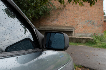Raindrops on the car mirror