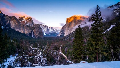 Snowy valley sunset, majestic peaks