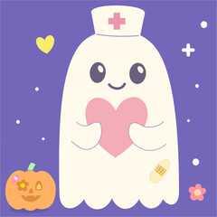 Cute kawaii nurse ghost holding heart with pumpkin pastel halloween illustration for card and invitation