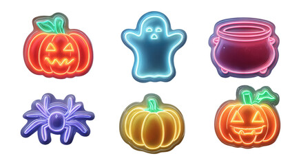 Neon Halloween Clipart Set with Pumpkin, Ghost, Spider, and Cauldron