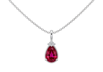 A pear-shaped ruby pendant hangs from a delicate chain, showcasing a vibrant red gemstone accented with tiny diamonds.