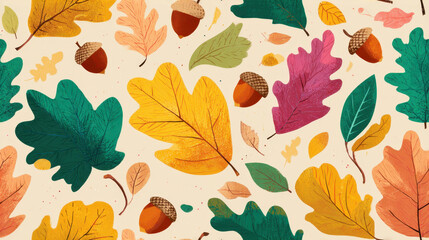 Seamless pattern of colorful autumn leaves and acorns on light background