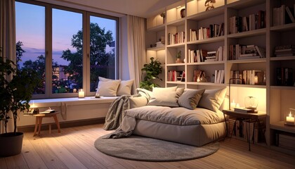 Obraz premium Cozy Modern Living Room with Soft Cushions and Ambient Lighting