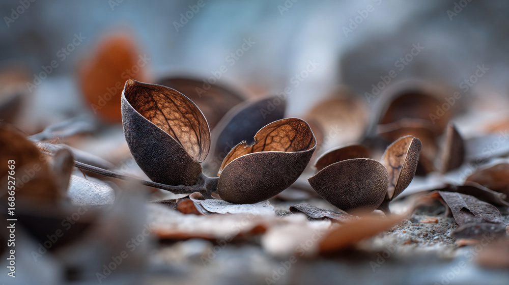 Poster a close up of broken acorn shells scattered on a ground with blurred background in soft natural ligh