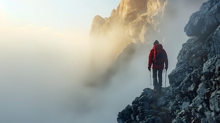 Lone hiker entering narrow fog-filled mountain pass, minimal composition with atmospheric light, tranquil outdoor landscape with top blank space for creative text or poster overlay.