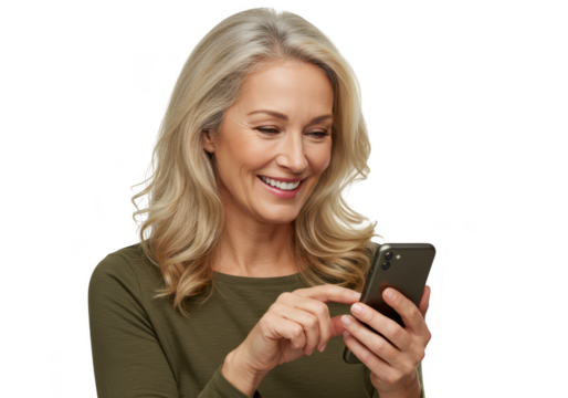 Woman smiling while looking at her phone isolated on transparent background - Powered by Adobe