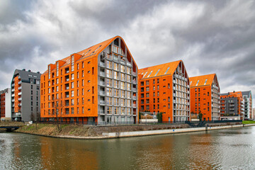Beautiful new residential district in Gdansk. Block houses, housing development in Europe	