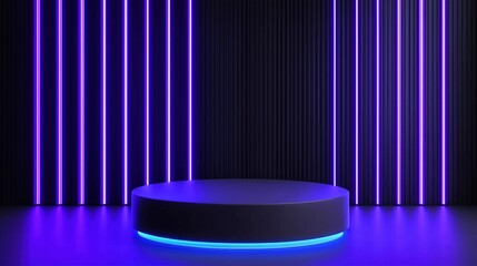 Modern Stage with Neon Blue Lighting and Dark Background Creating a Futuristic Vibe
