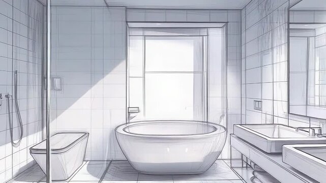 Modern bathroom interior design project sketch showing bathtub, shower, toilet and sink