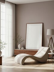Mockup poster frame in minimalist living room interior with sculptural lounge chair, wooden sideboard, ceramic vases, and soft natural lighting - modern Scandinavian home decor concept