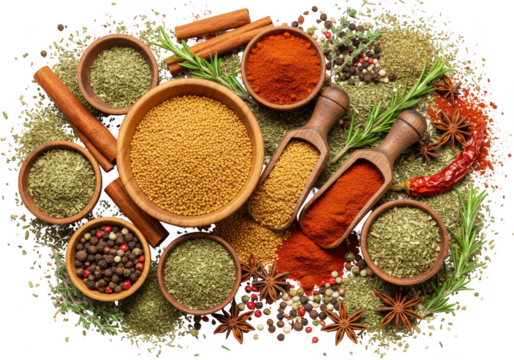 Assortment of spices and herbs in bowls isolated on white isolated on transparent background