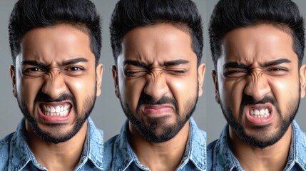 Stylish Individual Posing in Denim Outfit with Neutral Background and Engaging Expression
