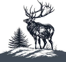 Majestic elk standing proudly next to a snowy pine tree