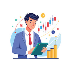 Vector Of Stock Analyst Checking Trend On Tablet