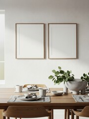 Fototapeta premium Two mockup poster frames hanging on a white wall in a minimalist dining room interior with natural wood table, elegant tableware - modern Scandinavian design concept