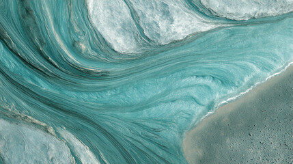 Aerial view of a glacial river flowing through a gray sandy landscape with turquoise water swirls