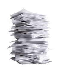 A tall, irregular stack of white papers