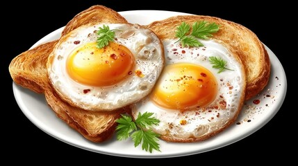 Delicious Fried Eggs on Toast with Fresh Parsley and Spices on a White Plate
