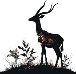 Silhouette of an antelope standing against a large moon and colorful sky