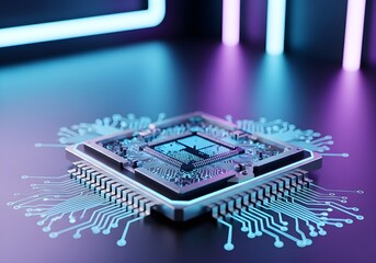 futuristic microchip with glowing circuit lines