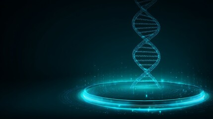 Glowing blue dna helix emerging from digital circle