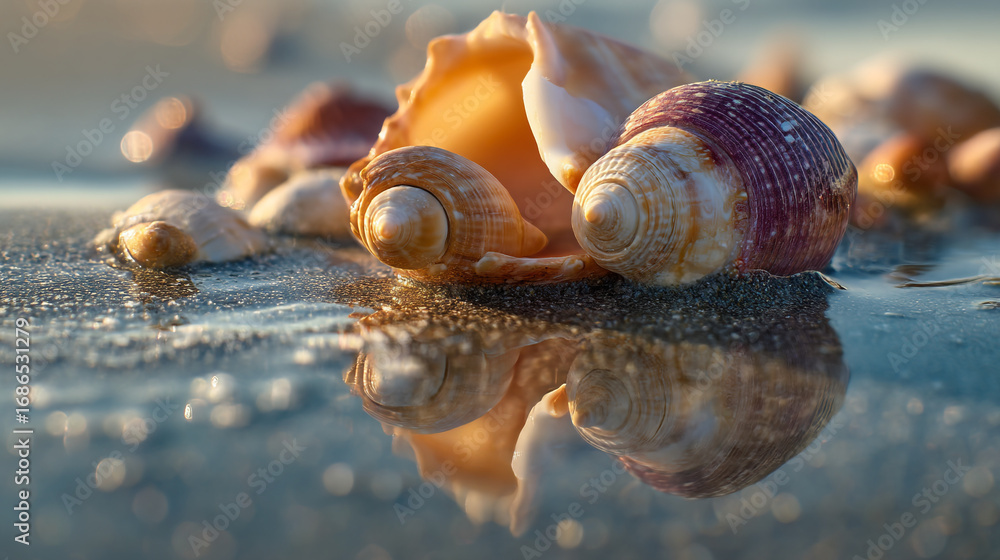 Aufkleber Close up of seashells on a wet surface reflecting the shells with blurred background and soft lighting