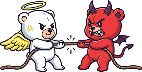 Cartoon angel bear and devil bear playing tug‑of‑war, good vs evil mascot illustration, moral conflict concept, playful animal character design