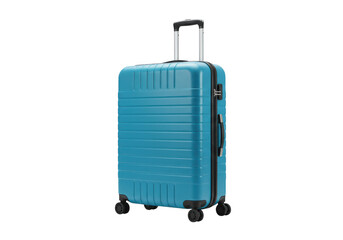 Blue suitcase with wheels and retractable handle isolated on transparent background